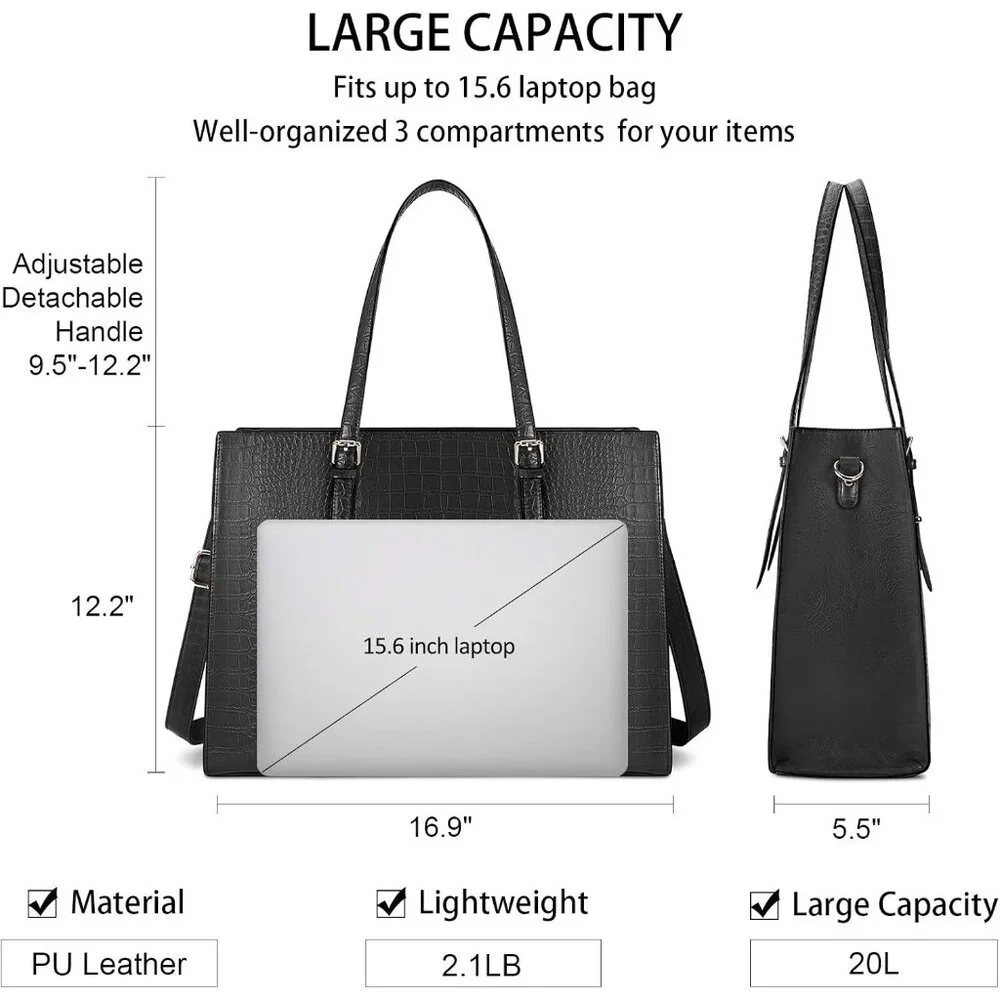 〽️Women Black Leather Waterproof Professional Shoulder Bag 15.6 Inch Laptop Bag